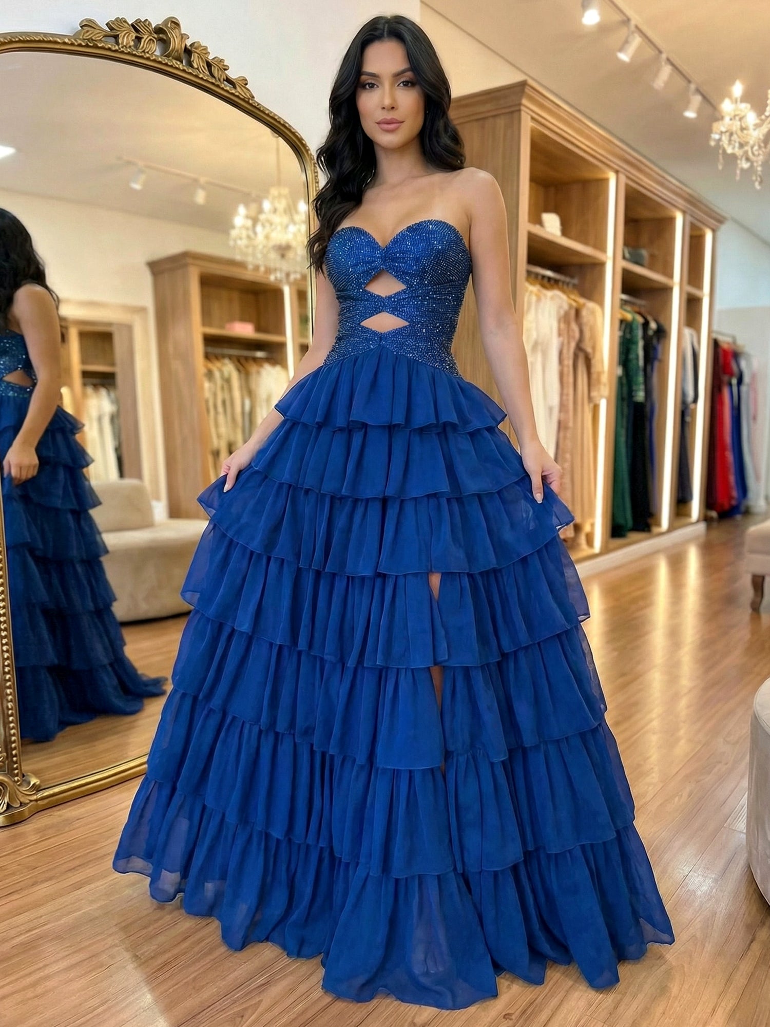 Yellow Sequined Cutout Tiered Ruffle Prom Dress with Slit