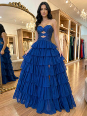 Yellow Sequined Cutout Tiered Ruffle Prom Dress with Slit