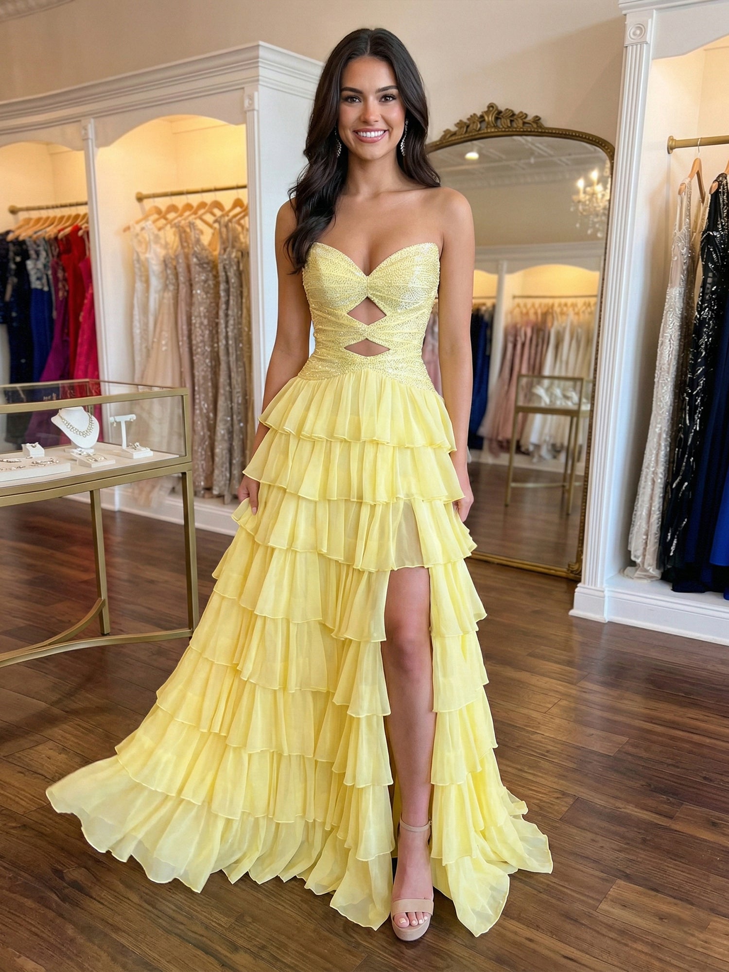 Yellow Sequined Cutout Tiered Ruffle Prom Dress with Slit