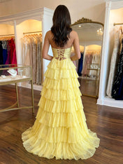 Yellow Sequined Cutout Tiered Ruffle Prom Dress with Slit