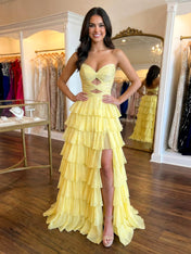 Yellow Sequined Cutout Tiered Ruffle Prom Dress with Slit