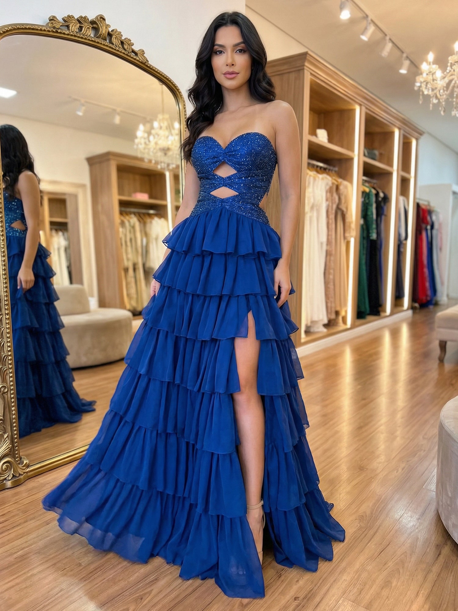 Yellow Sequined Cutout Tiered Ruffle Prom Dress with Slit