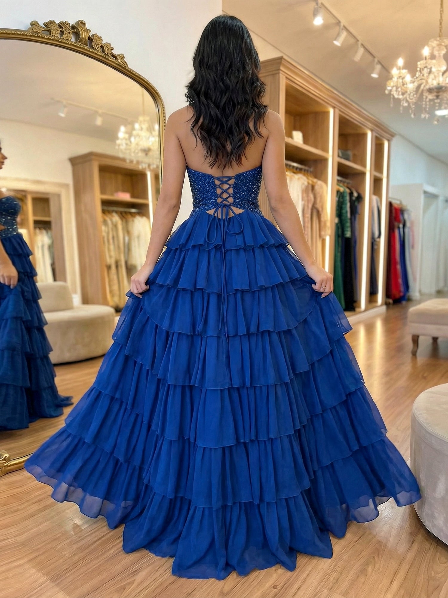 Yellow Sequined Cutout Tiered Ruffle Prom Dress with Slit