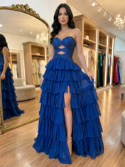 Yellow Sequined Cutout Tiered Ruffle Prom Dress with Slit