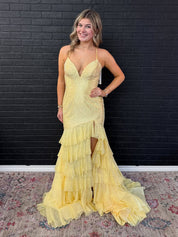 Yellow Sparkly Mermaid Tiered Ruffle Sequin Long Prom Dress