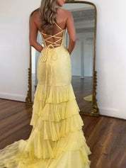 Yellow Sparkly Mermaid Tiered Ruffle Sequin Long Prom Dress