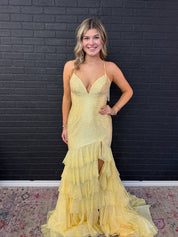 Yellow Sparkly Mermaid Tiered Ruffle Sequin Long Prom Dress