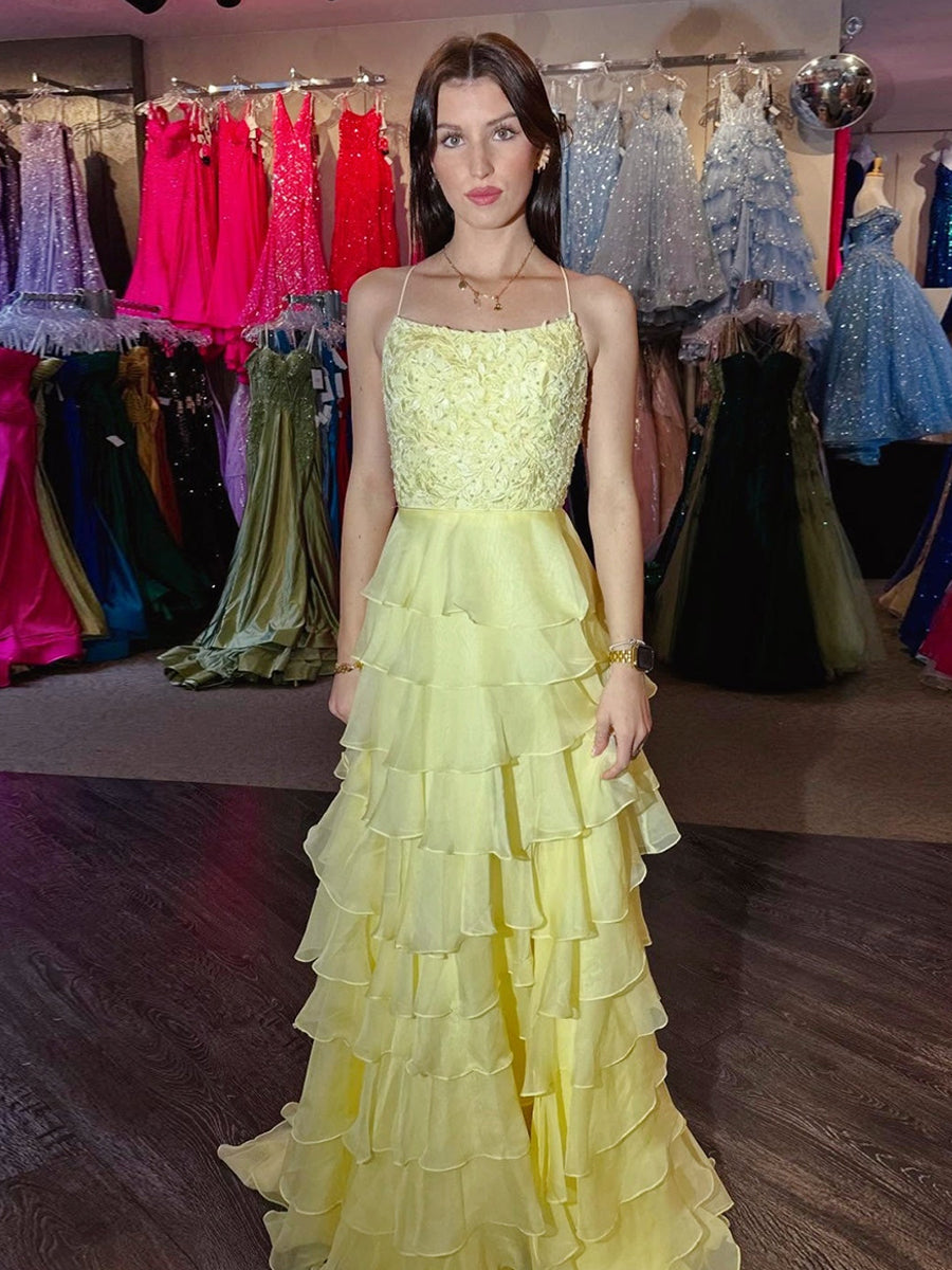 Yellow Splendor Beaded Tiered Ruffle Long Prom Dress