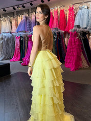 Yellow Splendor Beaded Tiered Ruffle Long Prom Dress