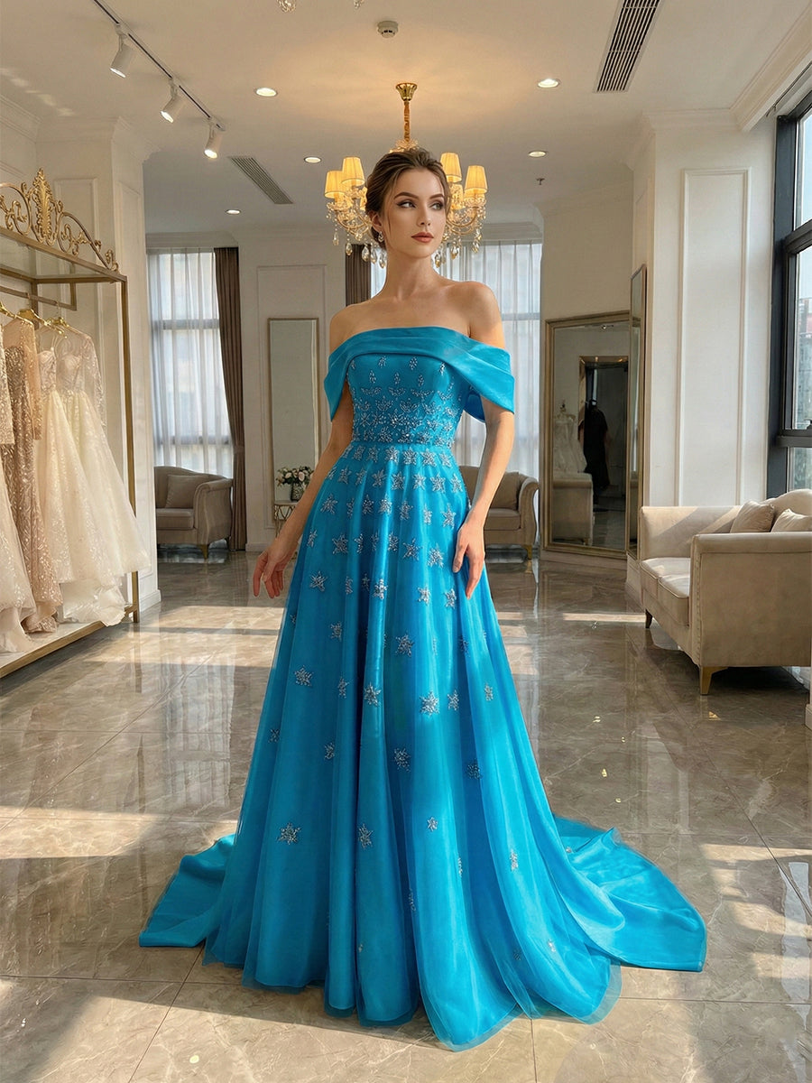 Yellow Star Embellished Off-the-Shoulder Long Prom Dress