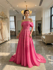 Yellow Star Embellished Off-the-Shoulder Long Prom Dress