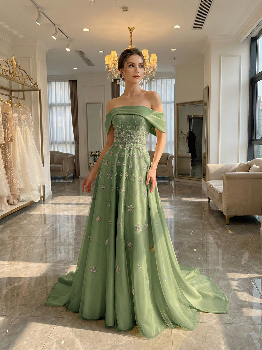 Yellow Star Embellished Off-the-Shoulder Long Prom Dress