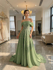 Yellow Star Embellished Off-the-Shoulder Long Prom Dress