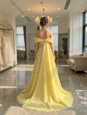 Yellow Star Embellished Off-the-Shoulder Long Prom Dress