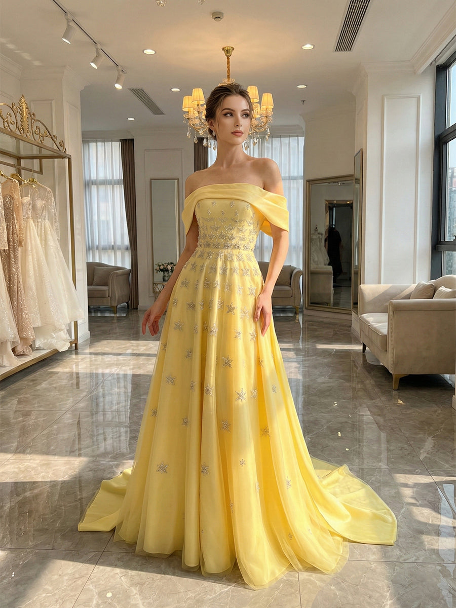 Yellow Star Embellished Off-the-Shoulder Long Prom Dress