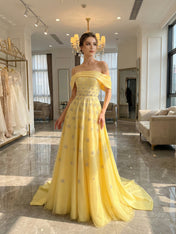 Yellow Star Embellished Off-the-Shoulder Long Prom Dress