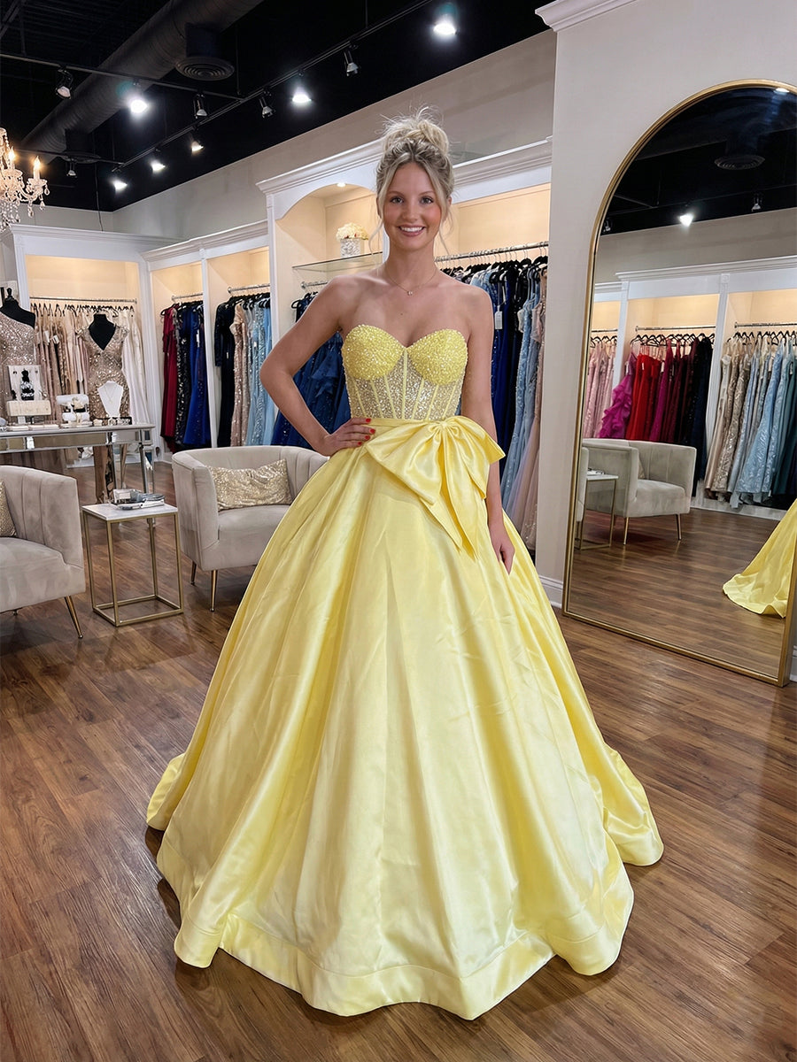 Yellow Strapless Beaded Corset Satin Prom Dress with Bow