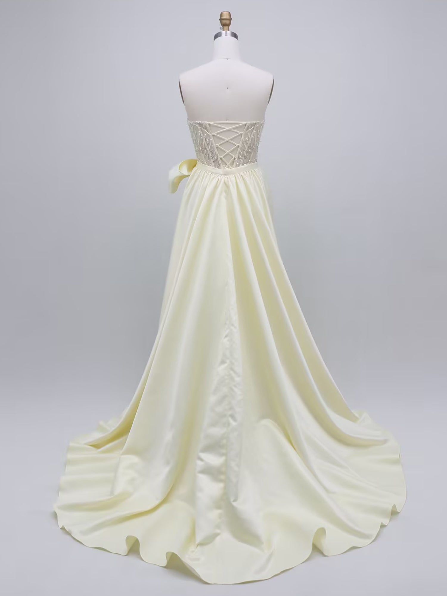 Yellow Strapless Beaded Sheath Prom Dress with Satin Overskirt