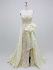 Yellow Strapless Beaded Sheath Prom Dress with Satin Overskirt