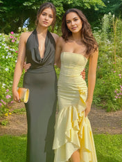 Yellow Strapless Cascading Ruffled Satin Prom Dress with High Slit