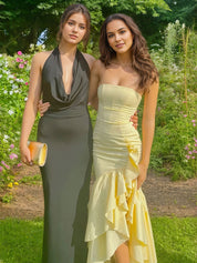 Yellow Strapless Cascading Ruffled Satin Prom Dress with High Slit