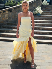 Yellow Strapless Cascading Ruffled Satin Prom Dress with High Slit