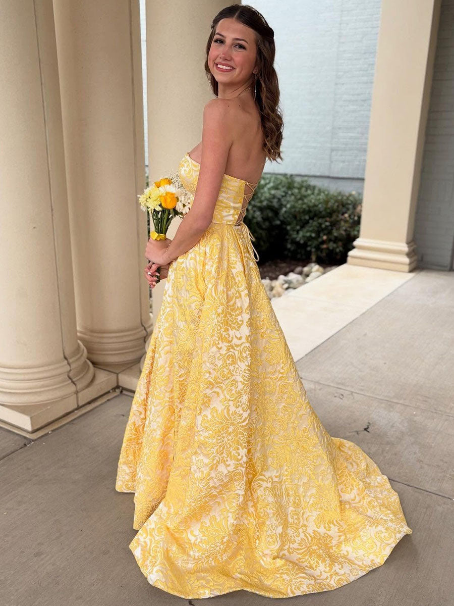 Yellow Strapless Embroidery Print A-Line Long Prom Dress