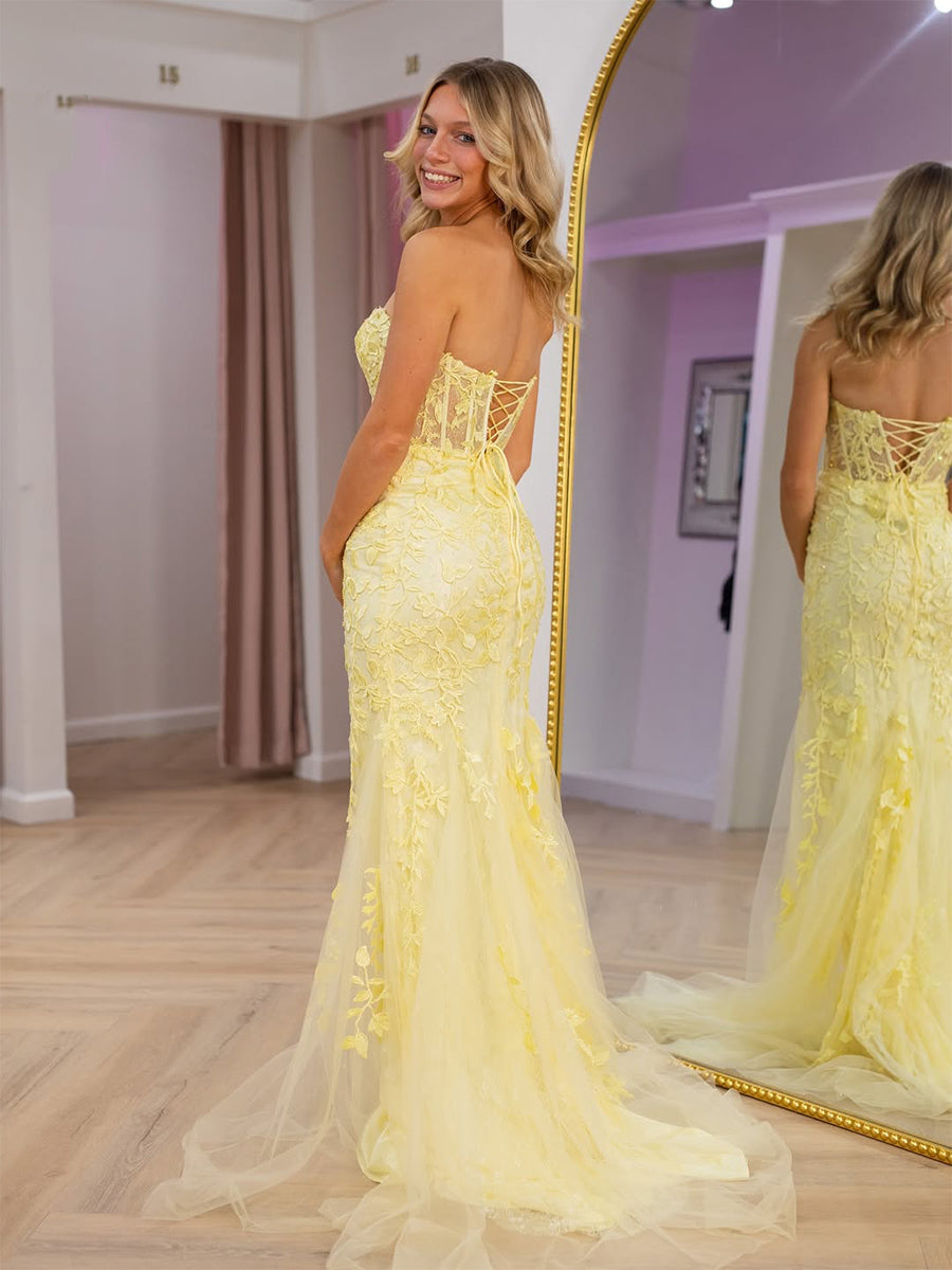 Yellow Strapless Floral Lace Corset Mermaid Long Prom Dress