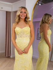Yellow Strapless Floral Lace Corset Mermaid Long Prom Dress