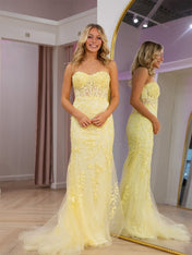 Yellow Strapless Floral Lace Corset Mermaid Long Prom Dress