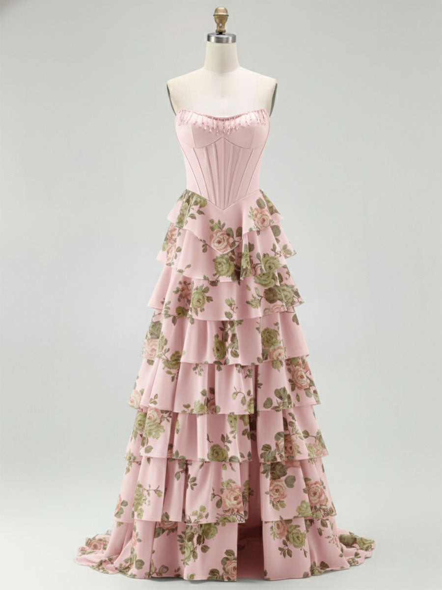 Blue Strapless Floral Print Tiered Ruffle Corset Prom Dress