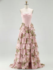 Blue Strapless Floral Print Tiered Ruffle Corset Prom Dress