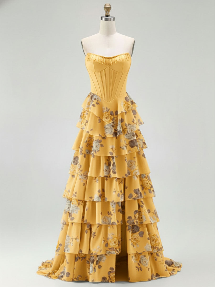 Blue Strapless Floral Print Tiered Ruffle Corset Prom Dress