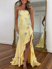Yellow Strapless Floral Rhinestone Prom Dress with Corset Back