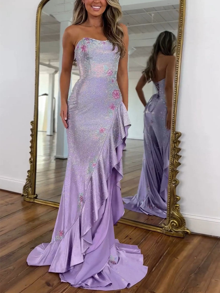 Yellow Strapless Floral Rhinestone Prom Dress with Corset Back