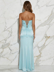 Aqua Strapless Knot Front Satin Fitted Long Prom Party Dress with Slit