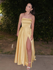 Yellow Strapless Satin A-Line Long Prom Dress