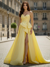 Yellow Strapless Satin Prom Dress with Dramatic Bow and High Slit