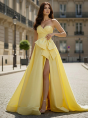 Yellow Strapless Satin Prom Dress with Dramatic Bow and High Slit