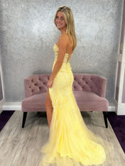 Yellow Strapless Sweetheart Lace Prom Dress with Keyhole Cutout