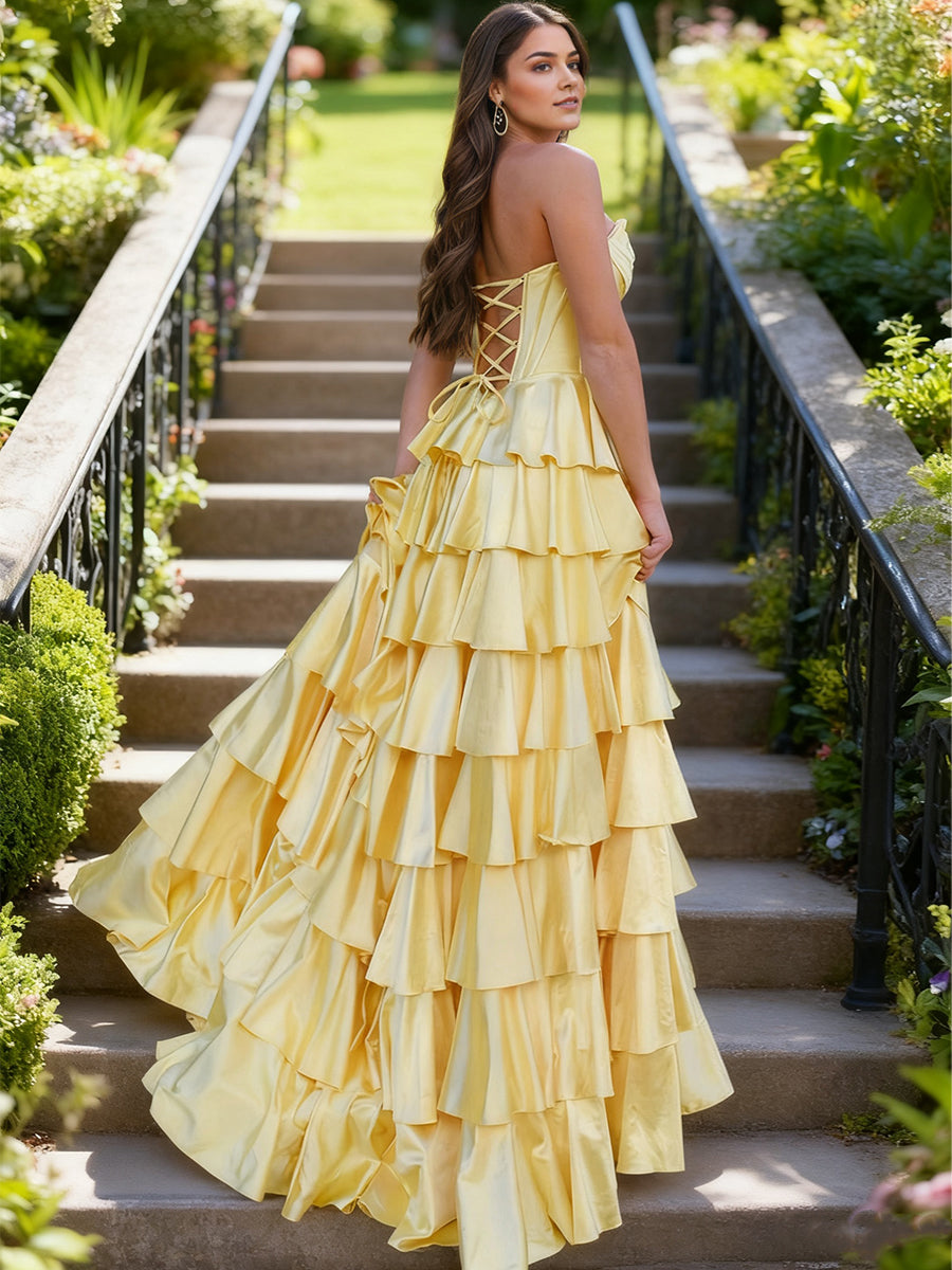 Yellow Strapless Tiered Ruffle Corset Long Prom Dress with Slit
