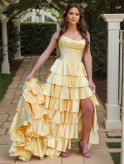 Yellow Strapless Tiered Ruffle Corset Long Prom Dress with Slit