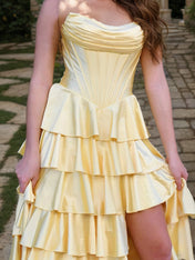 Yellow Strapless Tiered Ruffle Corset Long Prom Dress with Slit