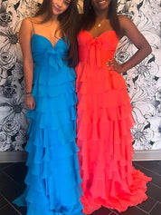 Yellow Tie-Front Sweetheart Neckline Tiered Ruffle Prom Dress with Slit