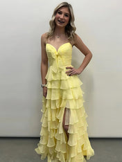Yellow Tie-Front Sweetheart Neckline Tiered Ruffle Prom Dress with Slit