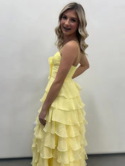 Yellow Tie-Front Sweetheart Neckline Tiered Ruffle Prom Dress with Slit
