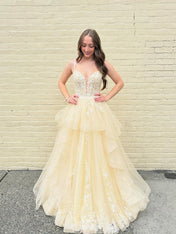 Yellow Tiered Tulle A-Line Long Prom Dress with Floral Lace