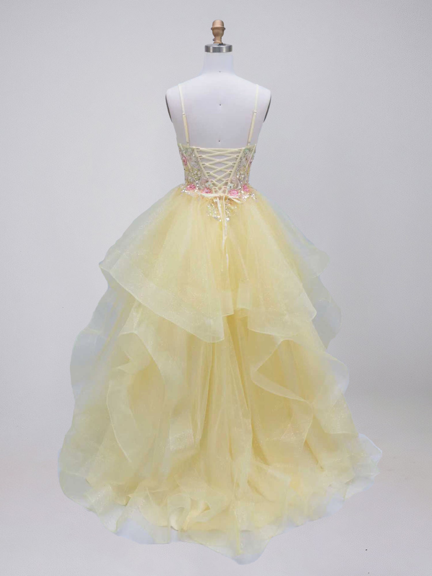 Yellow Tiered Tulle Prom Dress with Floral Embroidered Sheer Corset