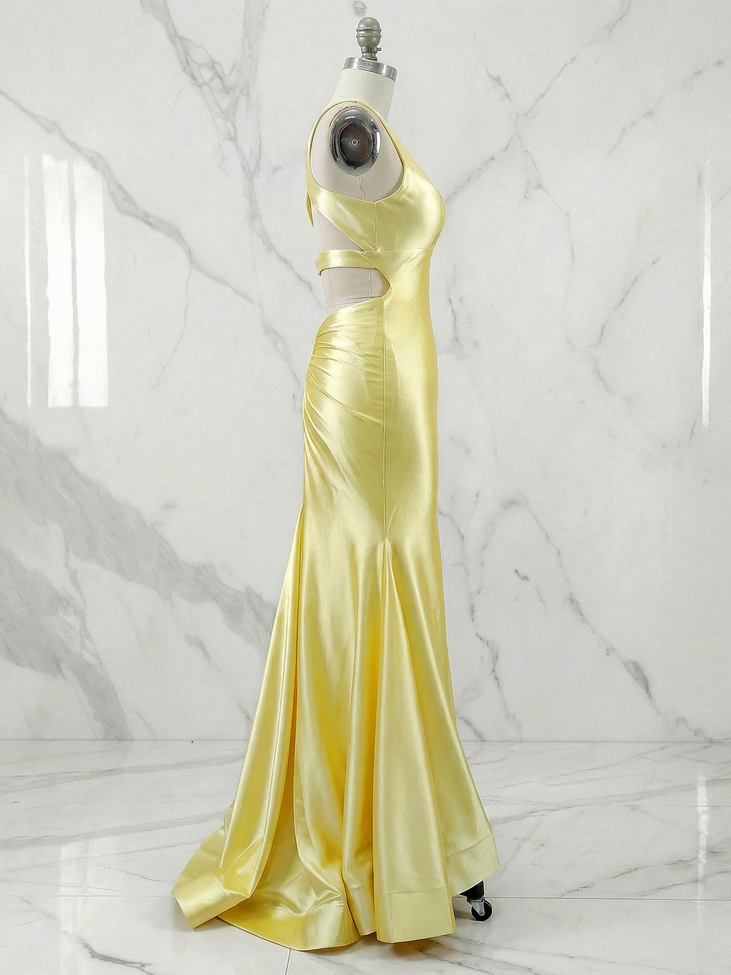Yellow V Neck Mermaid Satin Long Prom Dresses with Side Cutouts