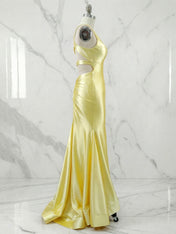 Yellow V Neck Mermaid Satin Long Prom Dresses with Side Cutouts